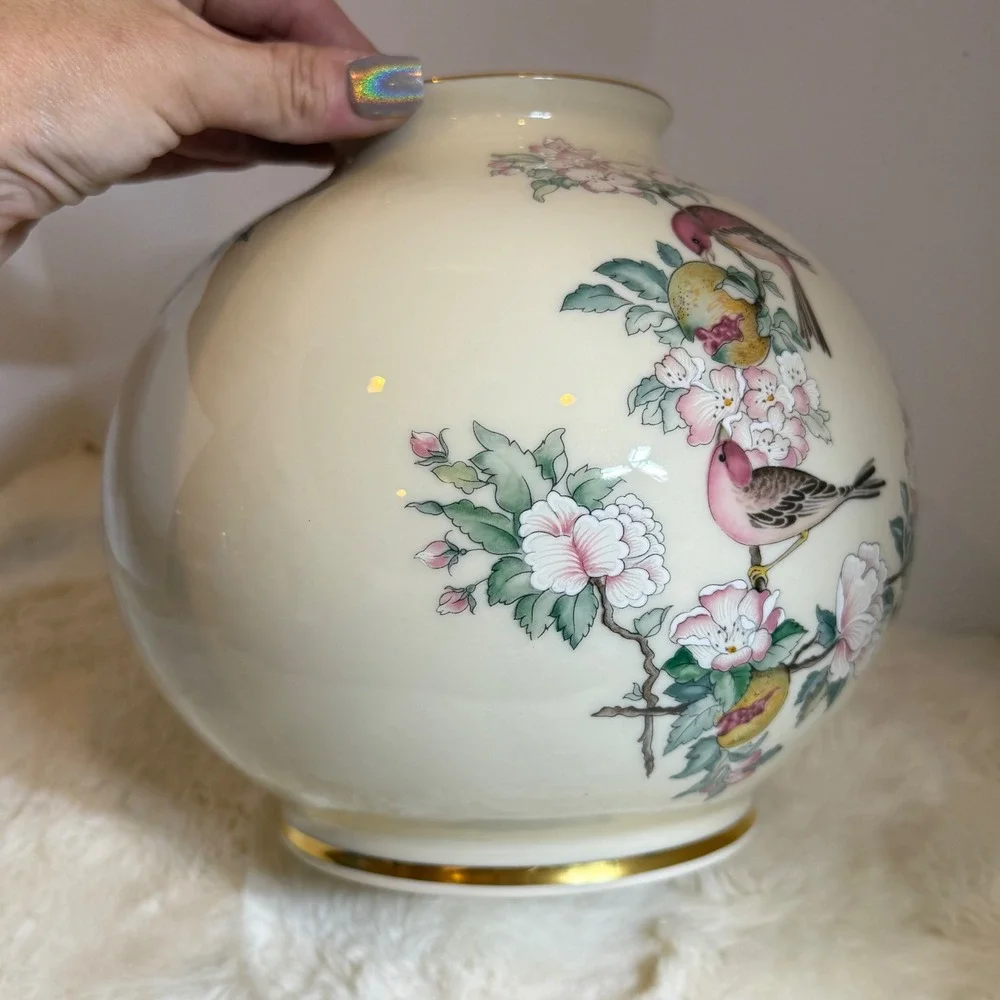 Lenox Serenade Globe Vase 24K Gold Trim Pink Flowers Bird ~ Vintage Hand Painted